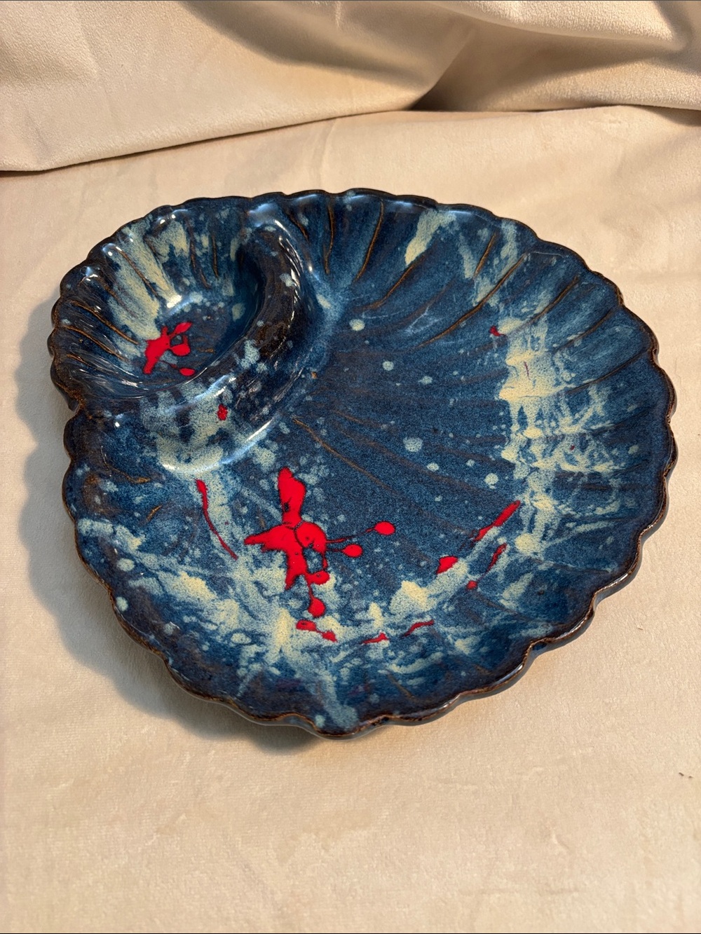 Beautiful  Handcrafted Blue Ceramic Shell Dish with Red Accent Miller’s Mud Mill